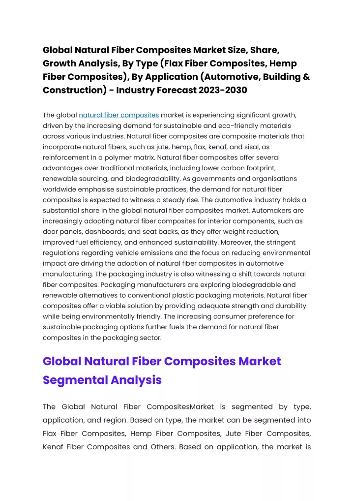 Analyzing The Global Natural Fiber Composites Market: Forecast To 2029 Analyzing The Global Natural Fiber Composites Market: Forecast To 2029