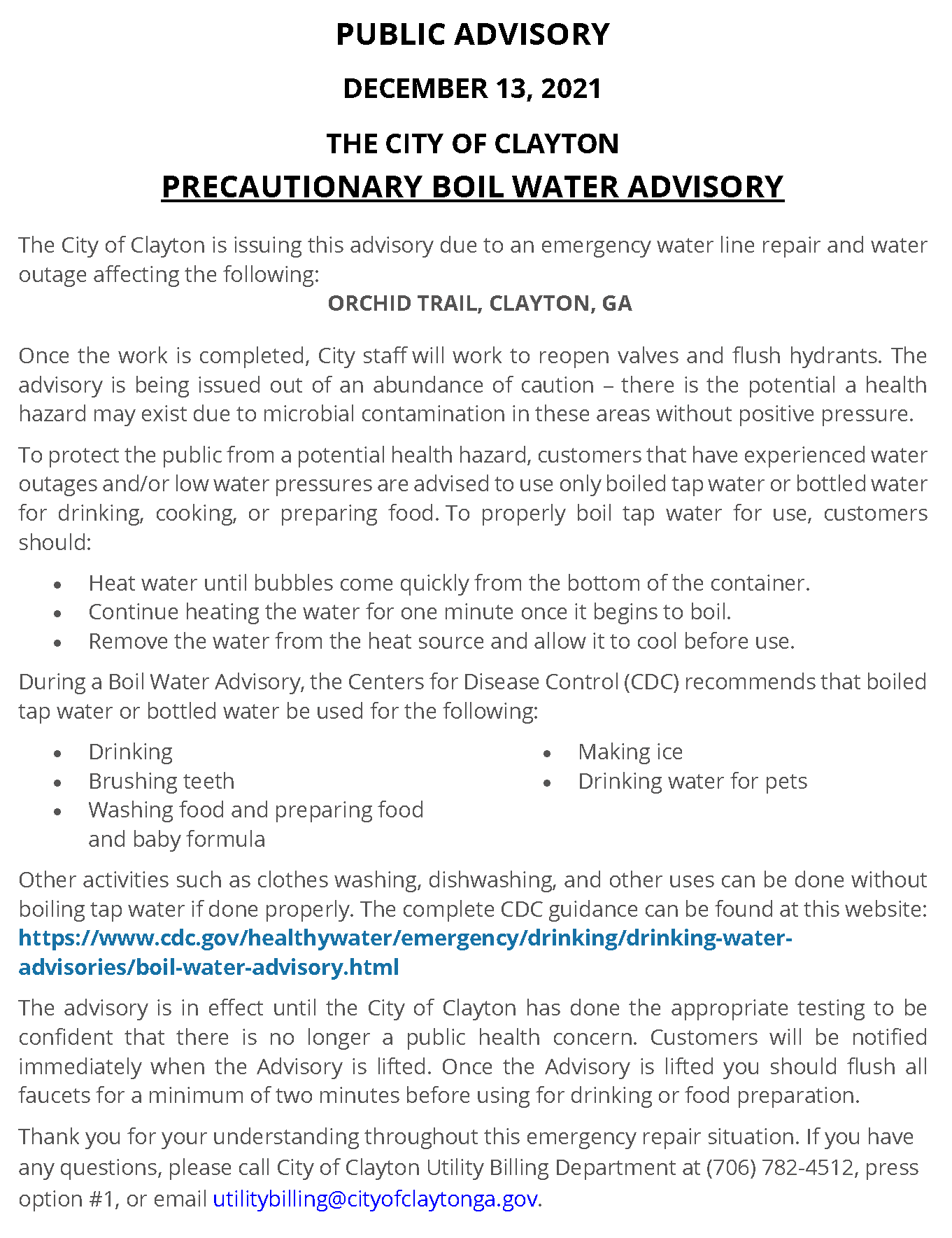 Ogeechee Road Residents Under Boil Water Advisory Ogeechee Road Residents Under Boil Water Advisory