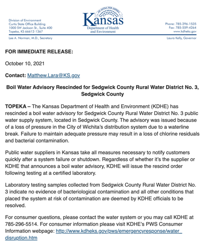 Water Service Notice: KDHE Issues Boil Water Advisory (Anderson County RWD #4) Water Service Notice: KDHE Issues Boil Water Advisory (Anderson County RWD #4)